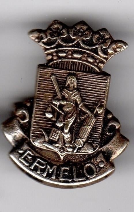 BROCHE OUDE WAPEN ERMELO MET VROUWE JUSTITIA MET KROON (A2), Ophalen of Verzenden, Gebruikt, Overige onderwerpen
