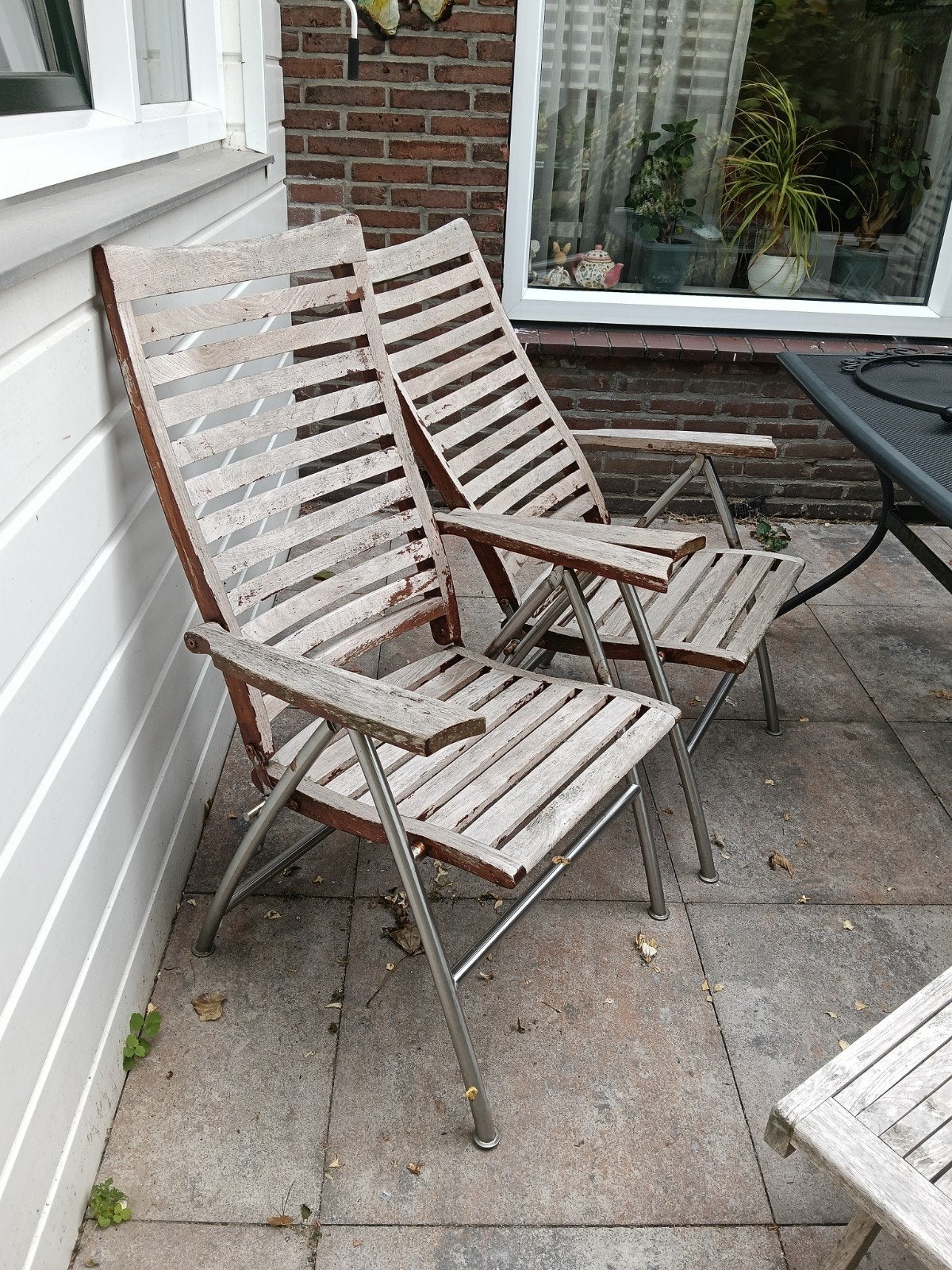 Vier verstelbare houten tuinstoelen, Tuin en Terras, Tuinstoelen, Ophalen of Verzenden, Gebruikt, Hout, Verstelbaar