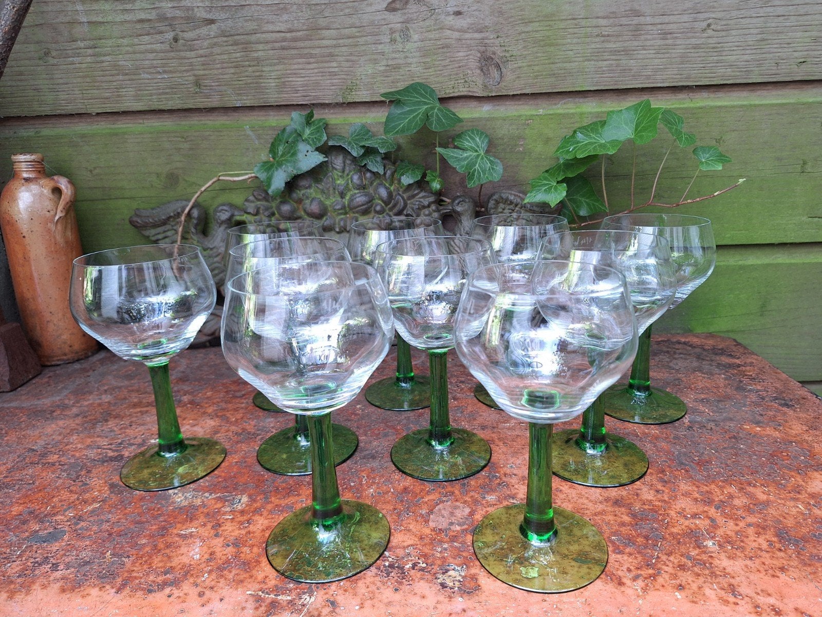 10 Antieke Coupes/Cocktail/Dessert glazen op groene voet, Antiek en Kunst, Antiek | Glas en Kristal, Ophalen of Verzenden
