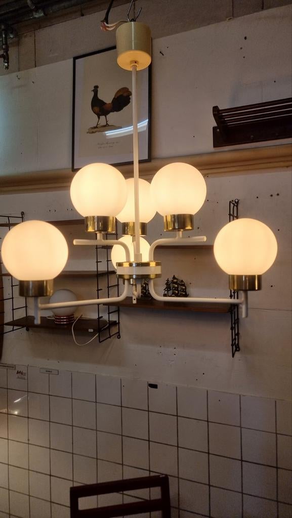 Vintage hanglamp messing en glas jaren 70 80, Gebruikt, ,, Ophalen of Verzenden, Glas
