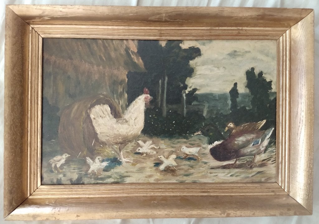 Kip, kuikens en eenden op een boerenerf, Antiek en Kunst, Ophalen of Verzenden