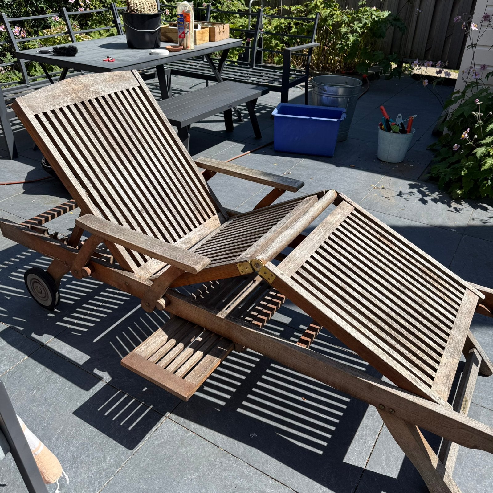 Massief teak  houten Sunlounger ligbed, Ophalen, Gebruikt, Hout, Verstelbaar