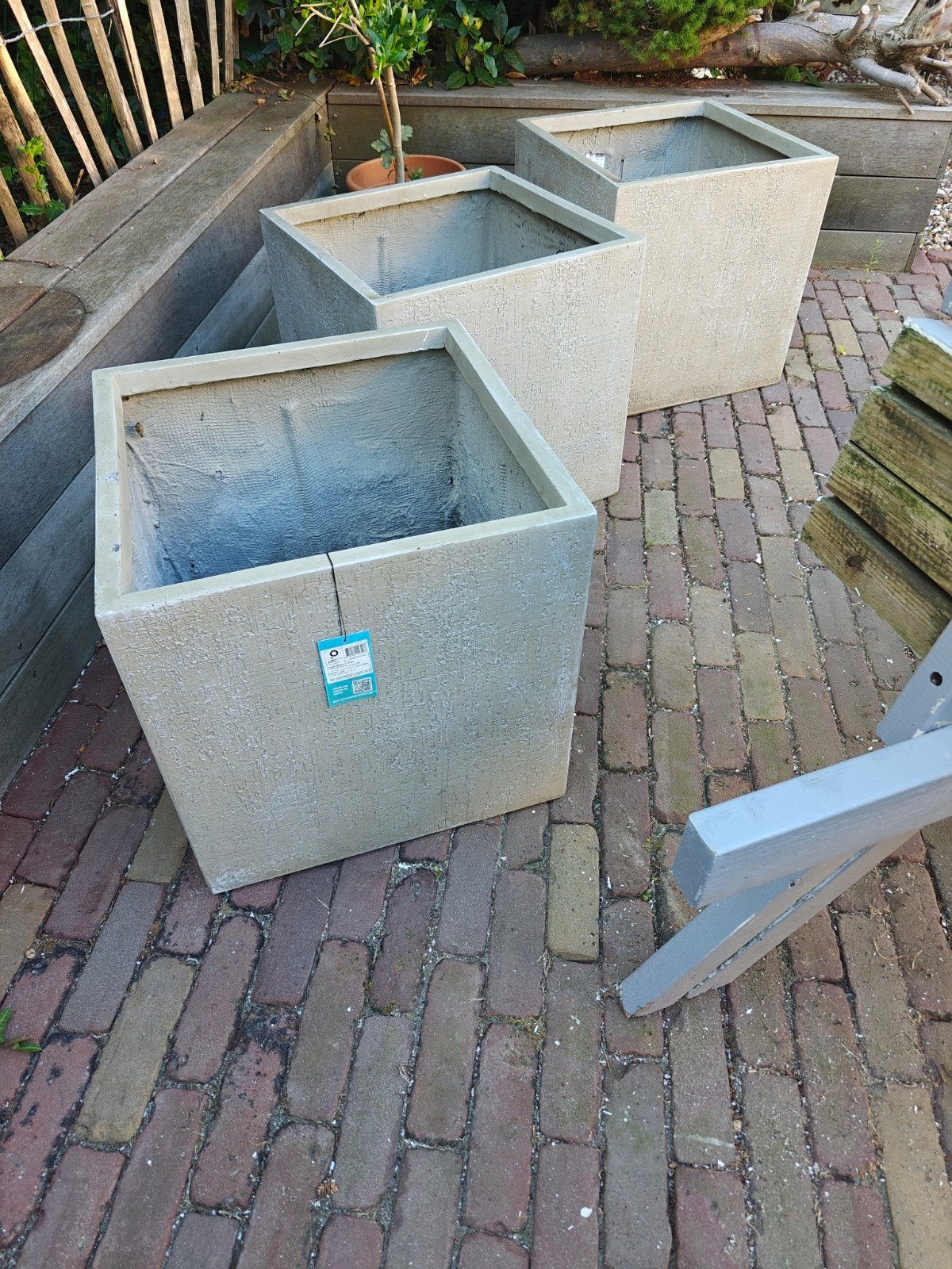 Set van 3 vierkante bloempotten - Betonlook 50x50x50, Tuin en Terras, Bloembakken en Plantenbakken, Zo goed als nieuw, Overige materialen