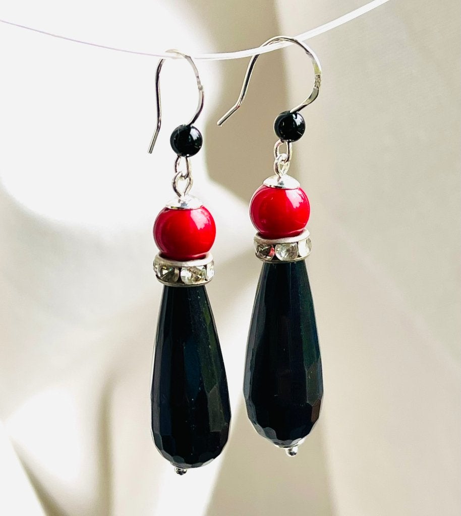 Zilveren Art Deco oorbellen Onyx, Rood koraal, Kristal, Hangers, Zwart, Nieuw, Ophalen of Verzenden