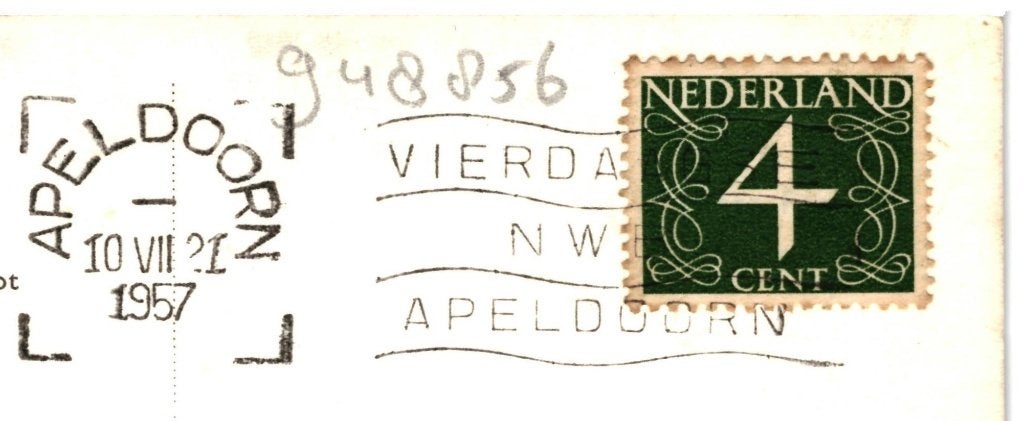 948856 Apeldoorn 1957 Prinses Juliana Toren Gelopen m zegel, Ophalen of Verzenden, 1940 tot 1960, Gelopen, Gelderland