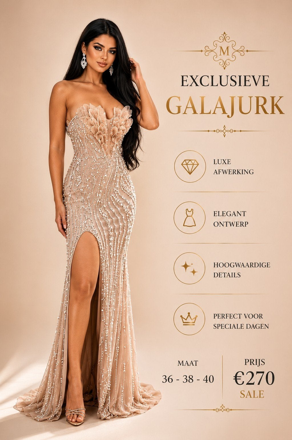 Exclusieve Galajurk - Luxe Afwerking & Elegant Ontwerp, Maat 38/40 (M), Galajurk, Beige, Nieuw