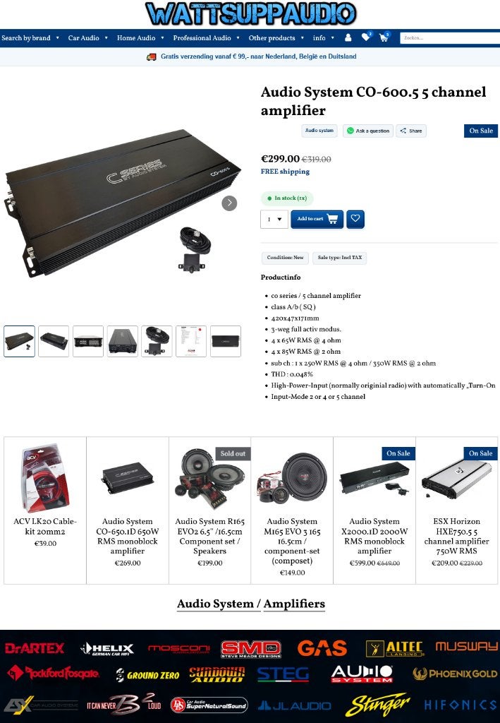 Audio System CO-600.5 5 kanaals versterker incl bass remote, Auto diversen, Info@optimount.nl, Nieuw, Ophalen of Verzenden, Anholtseweg 48A 7091 HB DINXPERLO