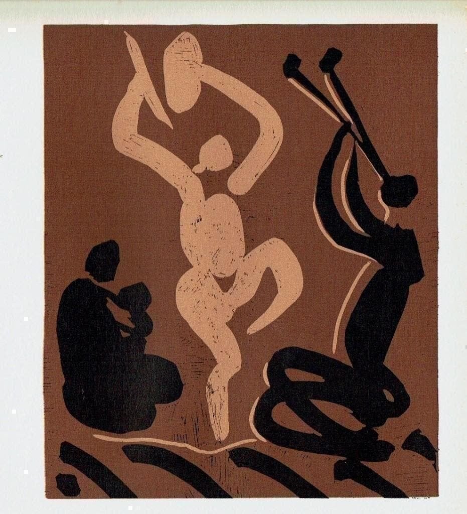 Picasso Mother and Child with Dancer and Flute Player Lino, Antiek en Kunst, Verzenden, Houtsnede