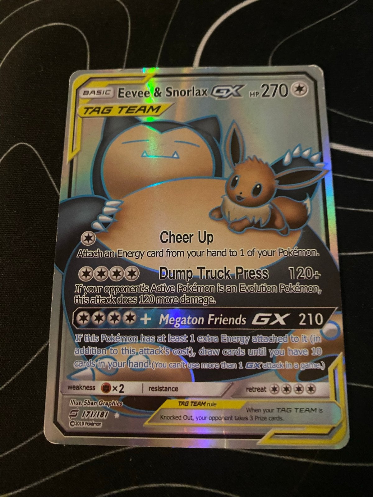 Pokémon TCG: Eevee & Snorlax GX TAG TEAM (171/181), Ophalen of Verzenden, Gebruikt, Losse kaart, Foil