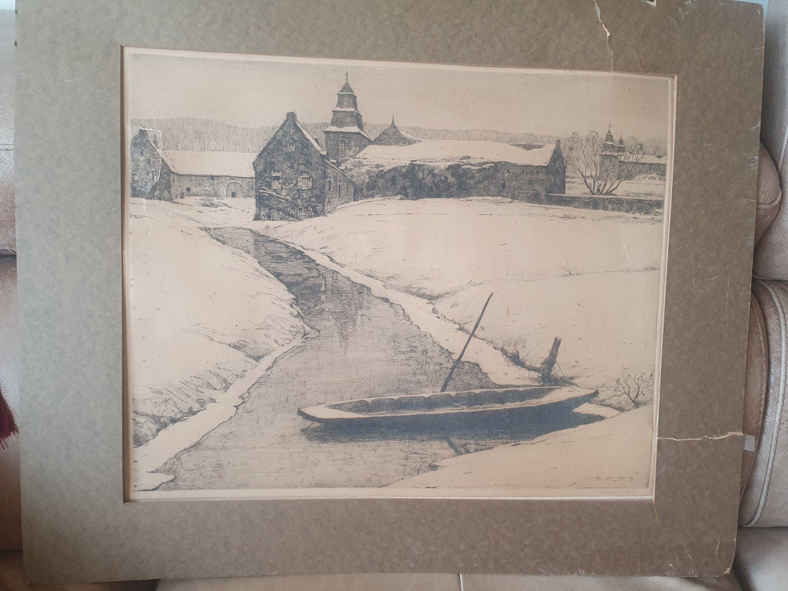 ets van Willem Witjens, 1929 gesigneerd boot in de winter, Ophalen, Ets, Gesigneerd, Landschap