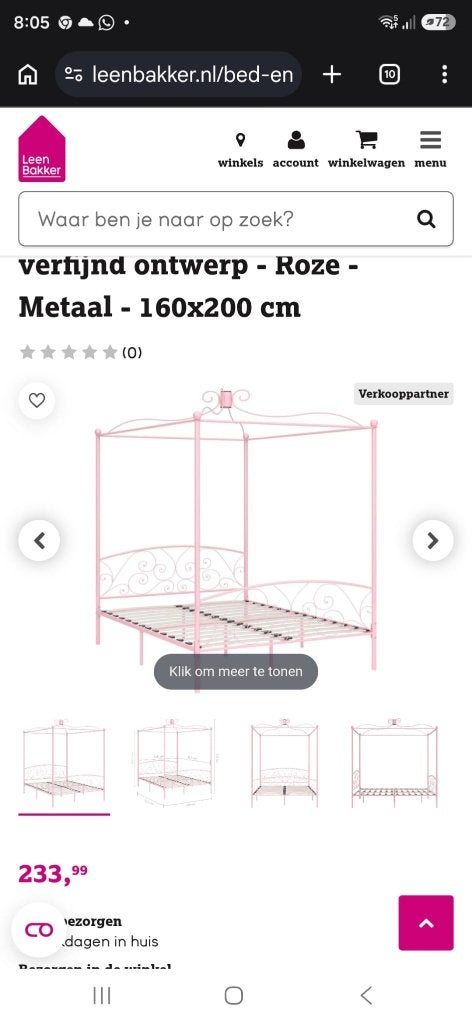 Roze metalen hemelbed (160x200), Ophalen, Tweepersoons, Zo goed als nieuw, Matras