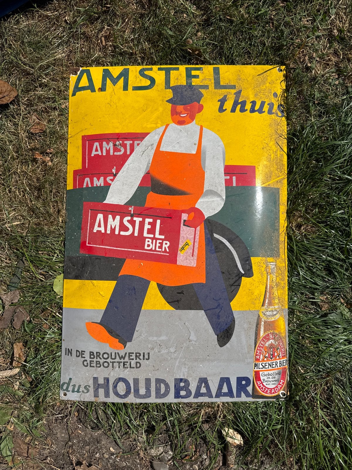 Vintage Amstel Bier Emaille Reclamebord - 'Amstel thuis', Ophalen