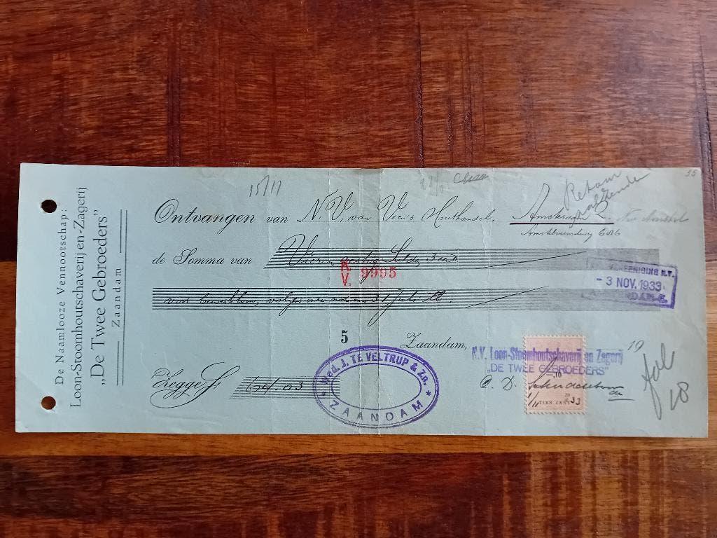 Kwitantie 1933 - De Twee Gebroeders - Zaandam - houthandel, Verzamelen, Ophalen of Verzenden, Voor 1940, Gebruikt