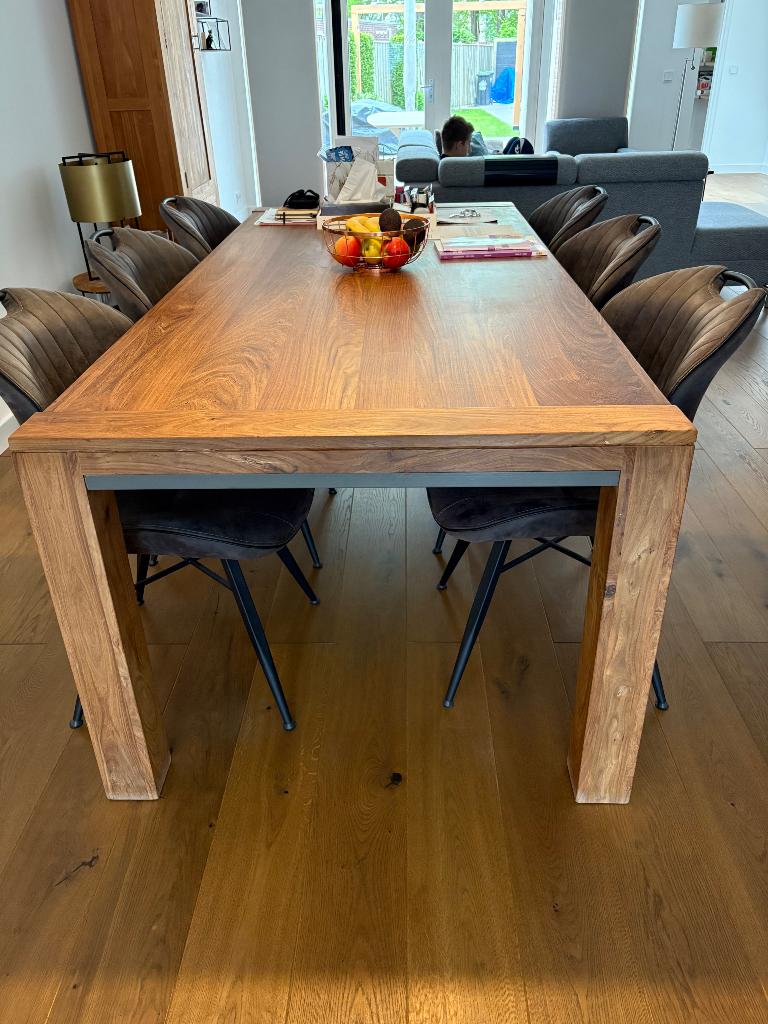 Teakhouten tafel met 6 stoelen, Huis en Inrichting, Tafels | Eettafels, Ophalen, Gebruikt, 200 cm of meer, 50 tot 100 cm