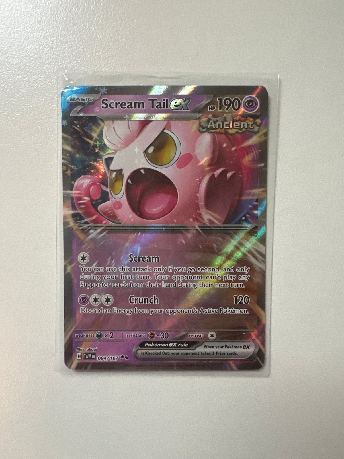 Pokémon TCG: Scream Tail ex 094/167 Ancient, Hobby en Vrije tijd, Verzamelkaartspellen | Pokémon, Zo goed als nieuw, Losse kaart
