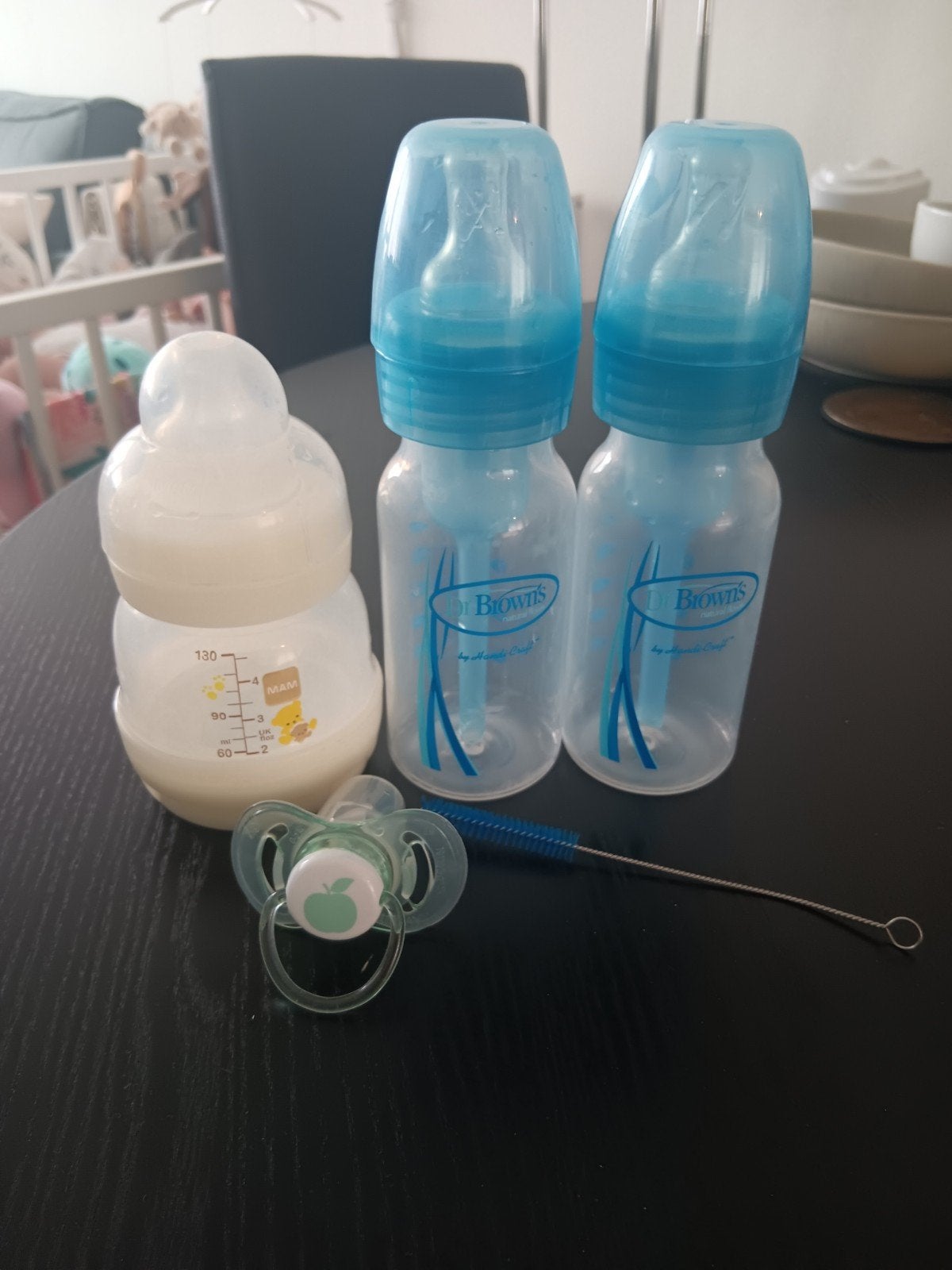 3 flesjes en 1 speen + schoonmaakborsteltje dr Brown fles, Ophalen of Verzenden, Gebruikt, Babyfles, Overige merken