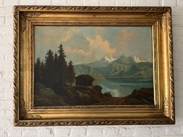 Zwitsers klassiek schilderij, 1910, in fraaie lijst, € 175, Doek, Ophalen of Verzenden, Origineel werk, Landschap