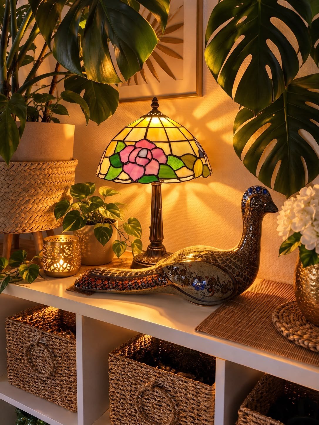 Prachtige Tiffany Tafellamp - 37 cm Hoog, Ophalen, Tiffany lamp, Meerkleurig, Zo goed als nieuw