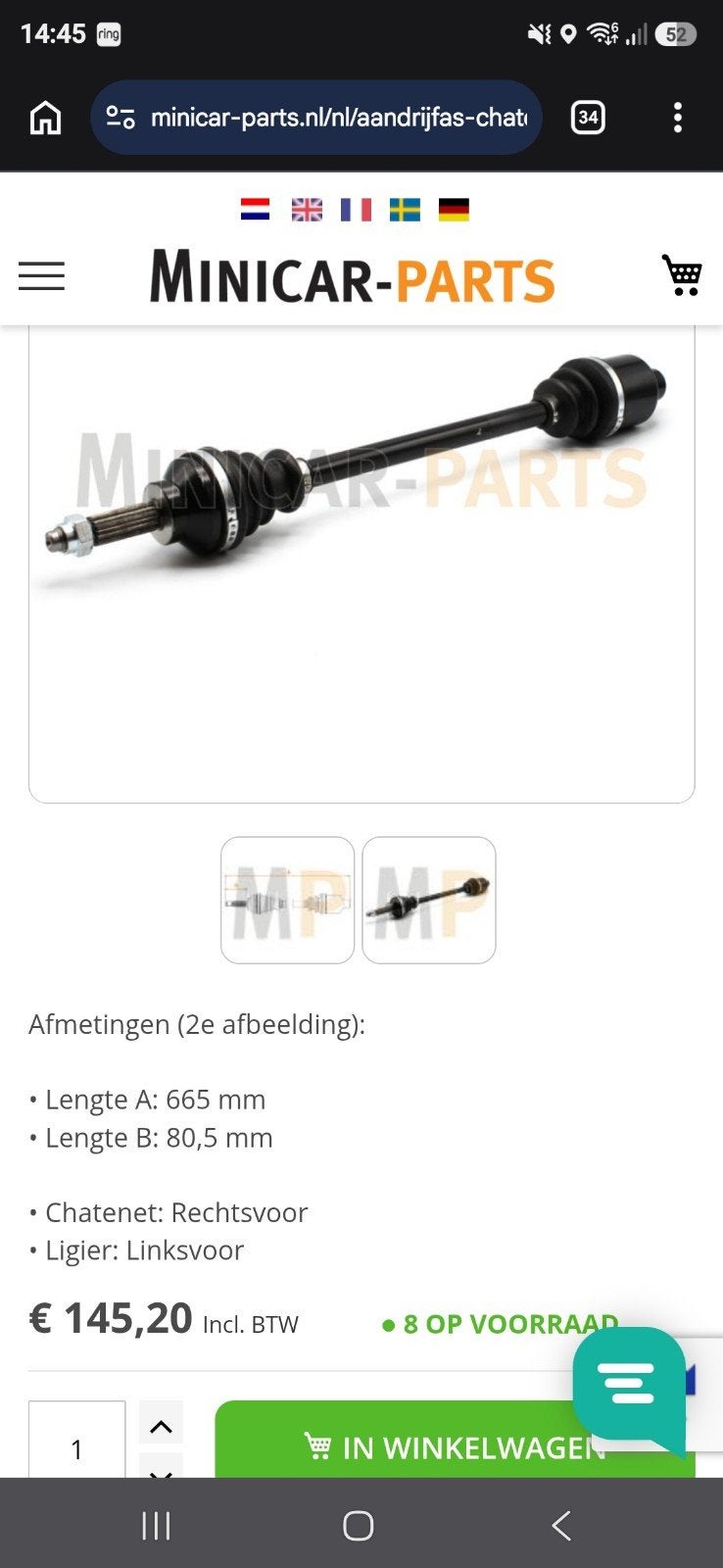 Aandrijfas brommobiel ligier microcar etc, Ophalen of Verzenden, Nieuw