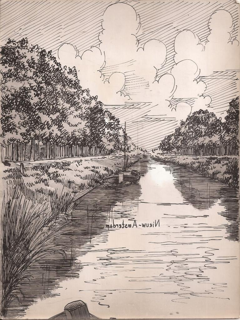 Nieuw-Amsterdam Kanaal 1948 tekening Sievers, Antiek en Kunst, Kunst | Tekeningen en Foto's, Ophalen of Verzenden