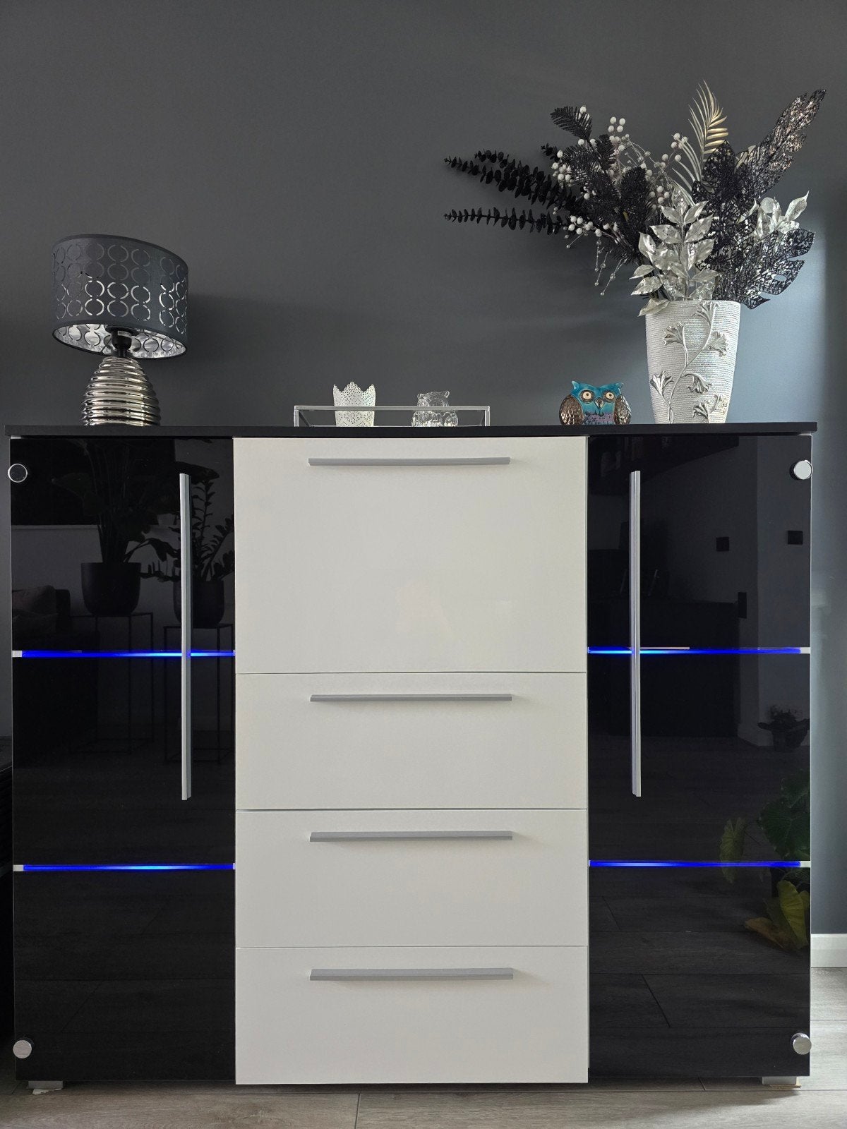 Dressoir met lades en barkastje - Zwart/Wit met LED