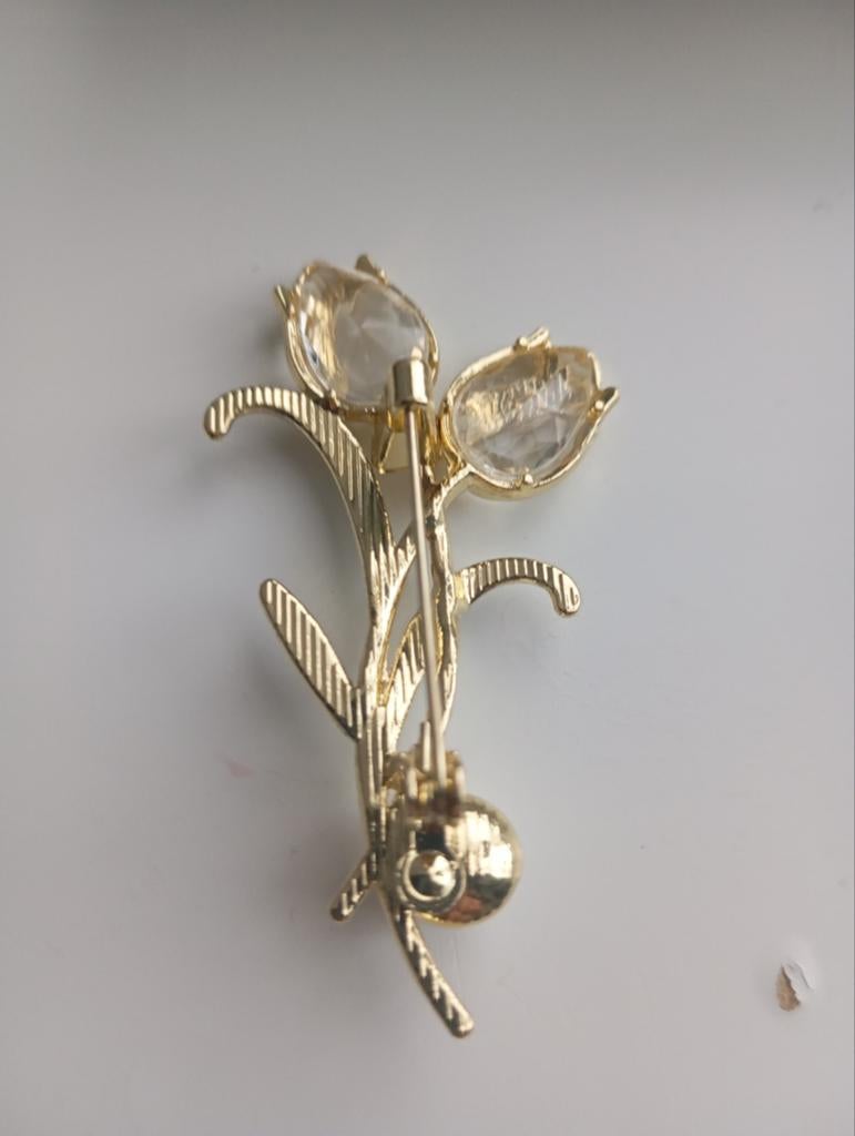 Elegante broche met tulpen en parel, goudkleurig, Overige materialen, 4 tot 7 cm, Gebruikt, Met kristal