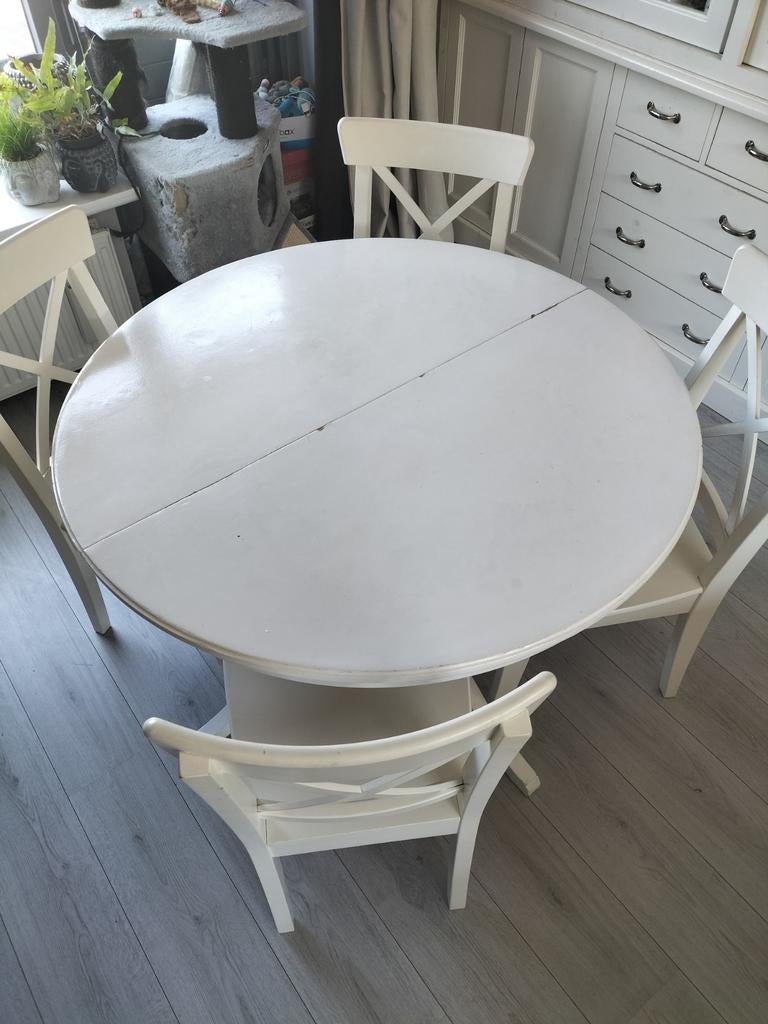 IKEA Ronde uitschuifbare eettafel met stoelen, Ophalen, Gebruikt, Eettafel