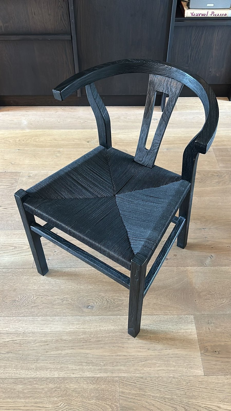 4x eetkamerstoel zwart teak papierkoord wishbone chair, Ophalen of Verzenden, Gebruikt, Zwart, Vier
