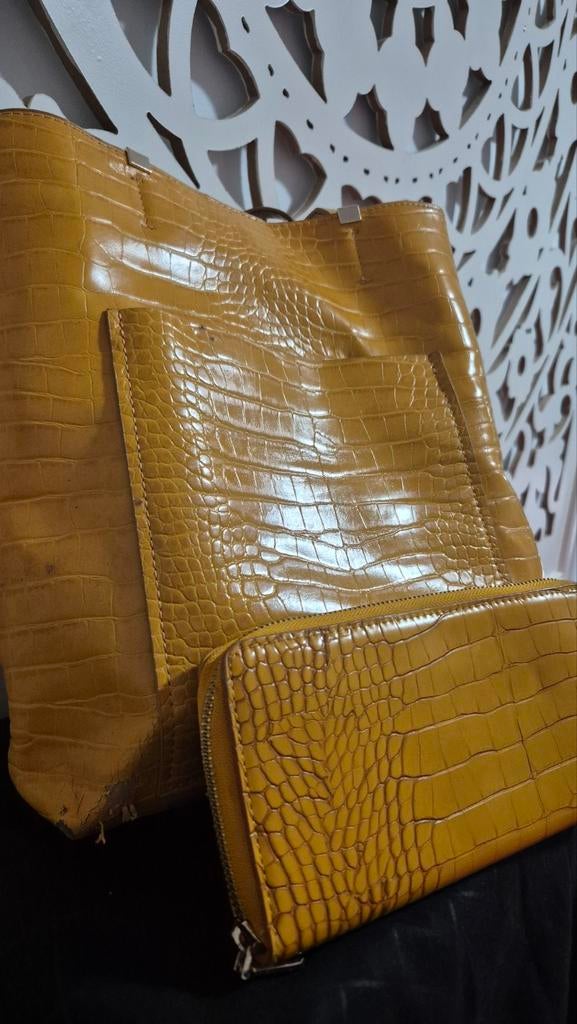 Grote shopper tas met croco structuur - camel/okergeel, Ophalen