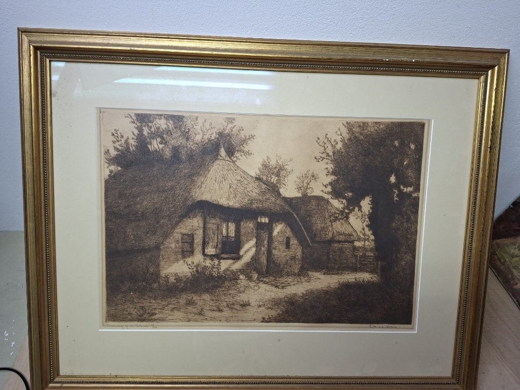 Gesigneerde ets “Boerderij op de Veluwe” – Cor van der Woerd, Antiek en Kunst, Kunst | Etsen en Gravures, Ophalen, Landschap, Ets