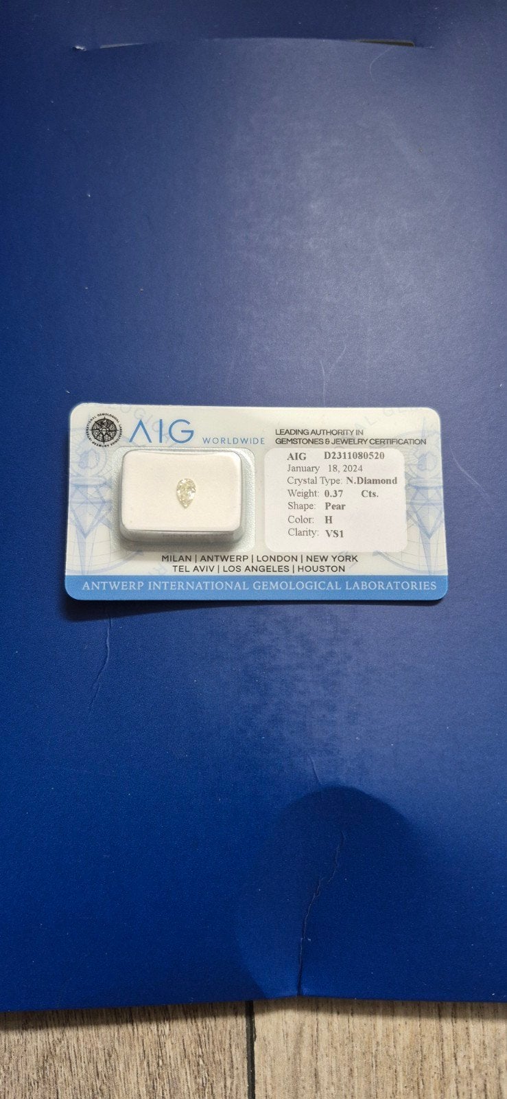 Natuurlijke Peer Diamant 0.37 Ct H VS1 AIG Gecertificeerd, Ophalen of Verzenden, Nieuw