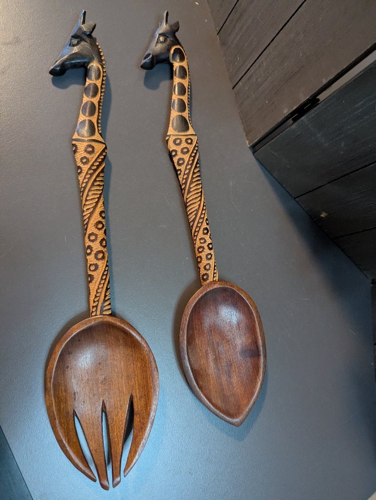 Houten saladebestek met giraffekoppen, Antiek en Kunst, Ophalen of Verzenden