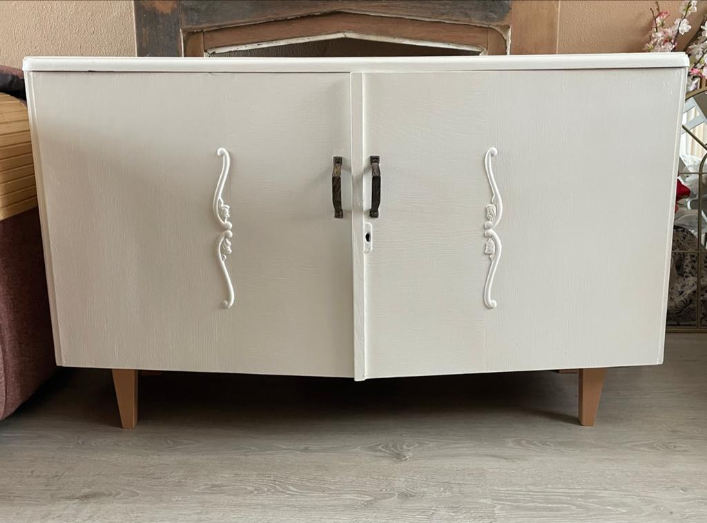 Wit brocante landelijk houten kastje 120x32x74 cm, Ophalen, Gebruikt, Brocante, Landelijk