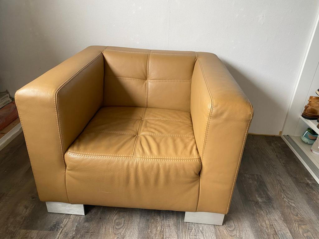 Leren fauteuil - Comfortabele cognac kleurige stoel, Ophalen, Zo goed als nieuw, Leer, 75 tot 100 cm