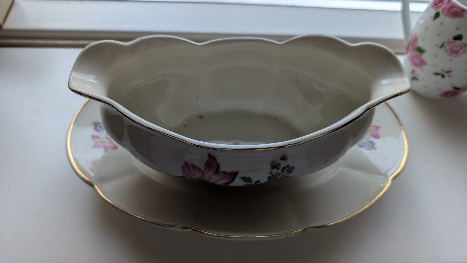 Vintage Sauskom met Schotel - Bloemenmotief & Gouden Rand, Ophalen