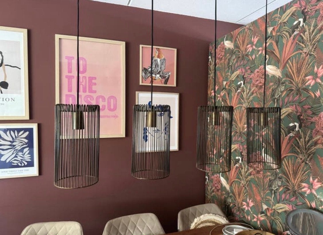 Moderne hanglamp met 4 kooivormige kappen, Huis en Inrichting, Lampen | Hanglampen, Ophalen, Zo goed als nieuw, Metaal, E27 (groot)
