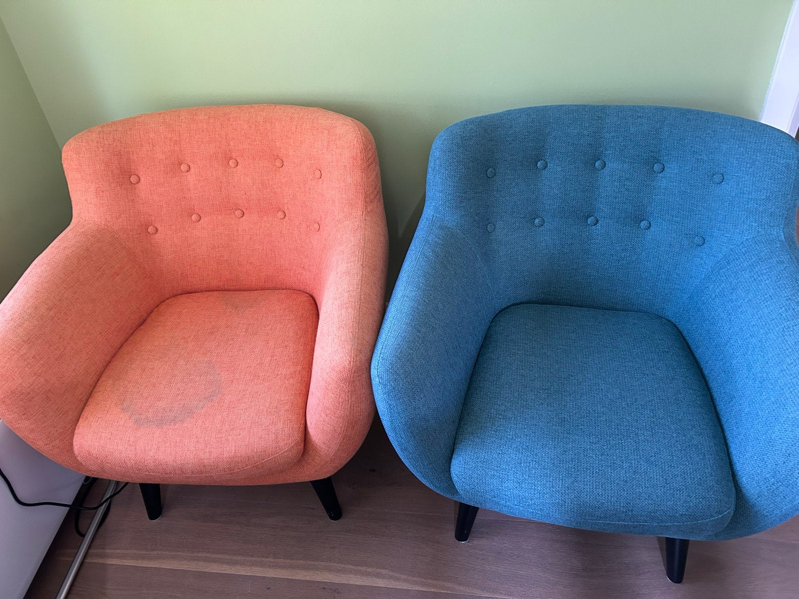 Twee comfortabele fauteuils in oranje en blauw/groen, Ophalen, Gebruikt, Twee, Overige kleuren