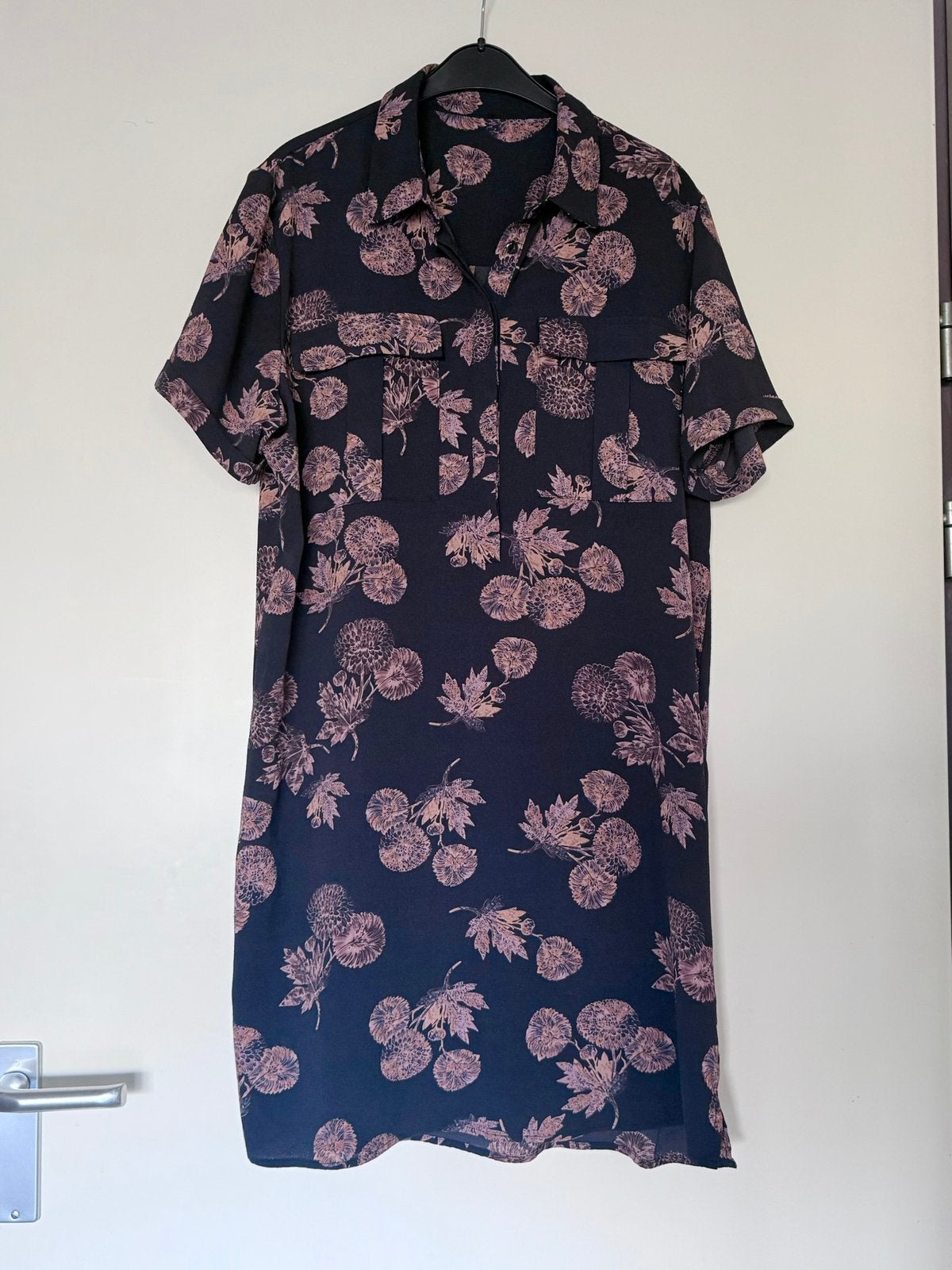 Blauwe vintage blouse roze bloem, Blauw, Maat 42/44 (L), Ophalen of Verzenden, Zo goed als nieuw