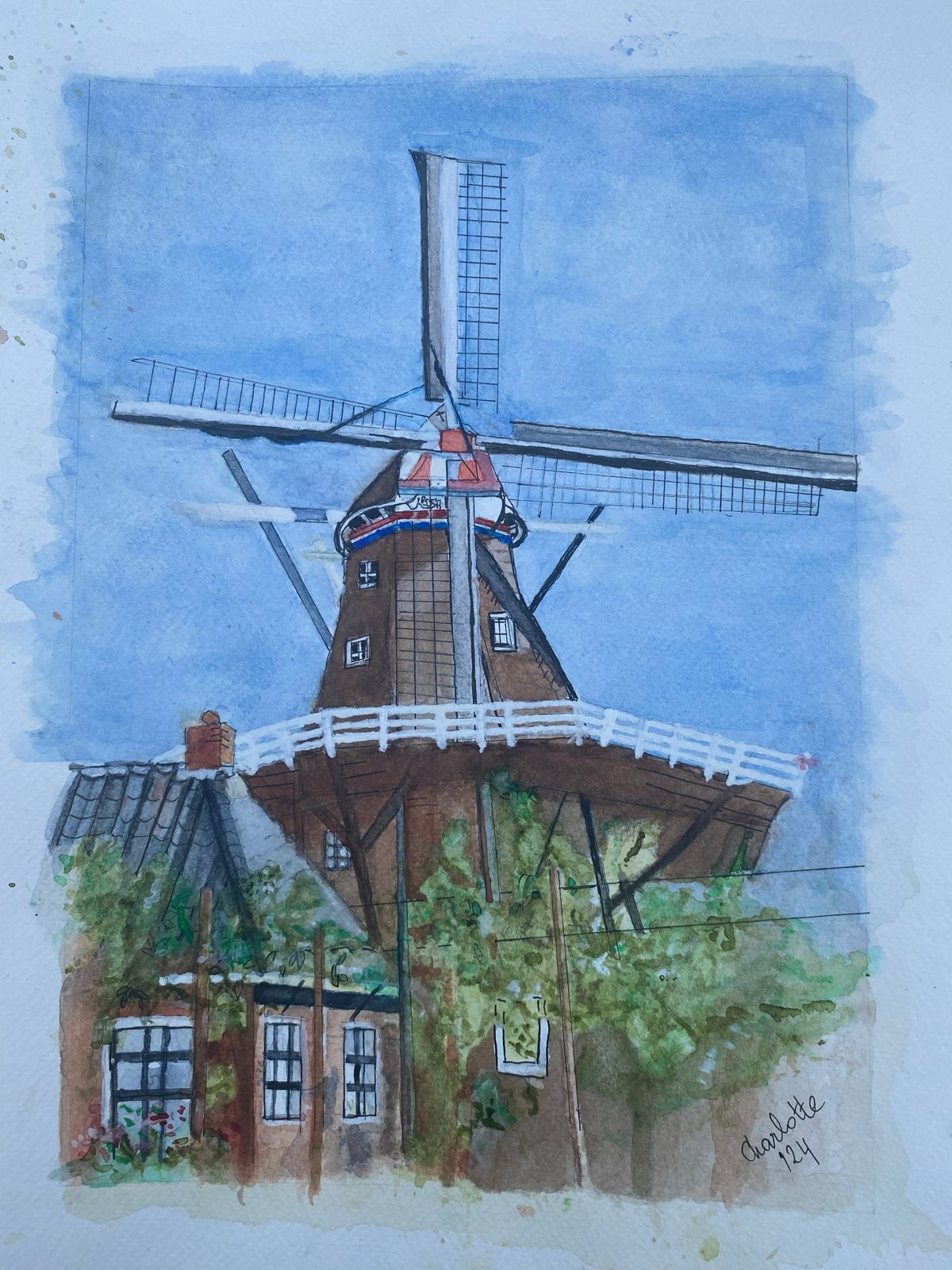 Aquarel molen in Onderdendam, Ophalen of Verzenden, Tekening, Aquarel, Gesigneerd