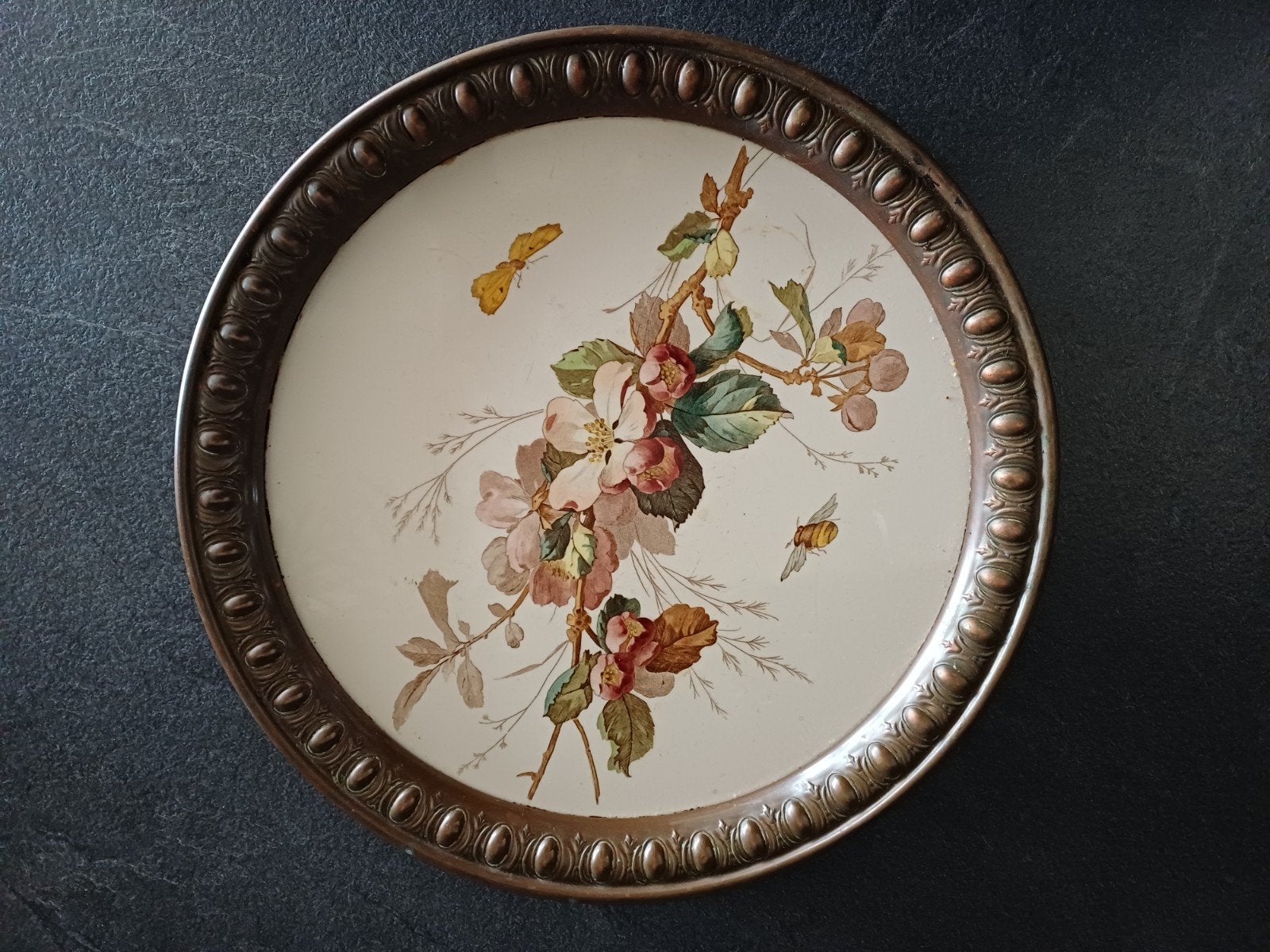 Antiek Art Nouveau Dienblad met Koperen Rand Max Dannhorn, Ophalen, Gebruikt, Rond, Metaal