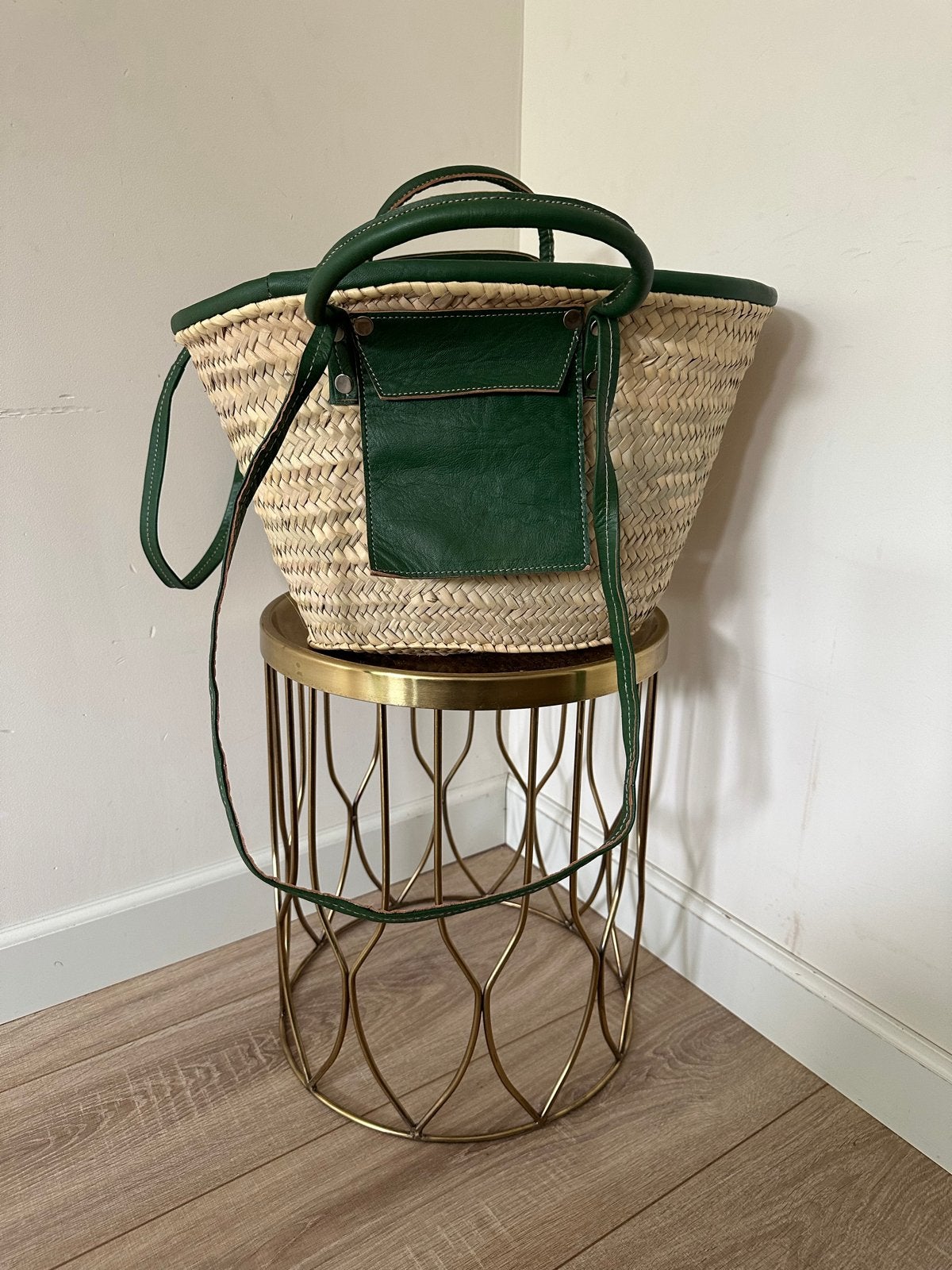 Marokkaanse handgemaakte rieten tas met leren details, Ophalen of Verzenden, Nieuw, Groen, Shopper