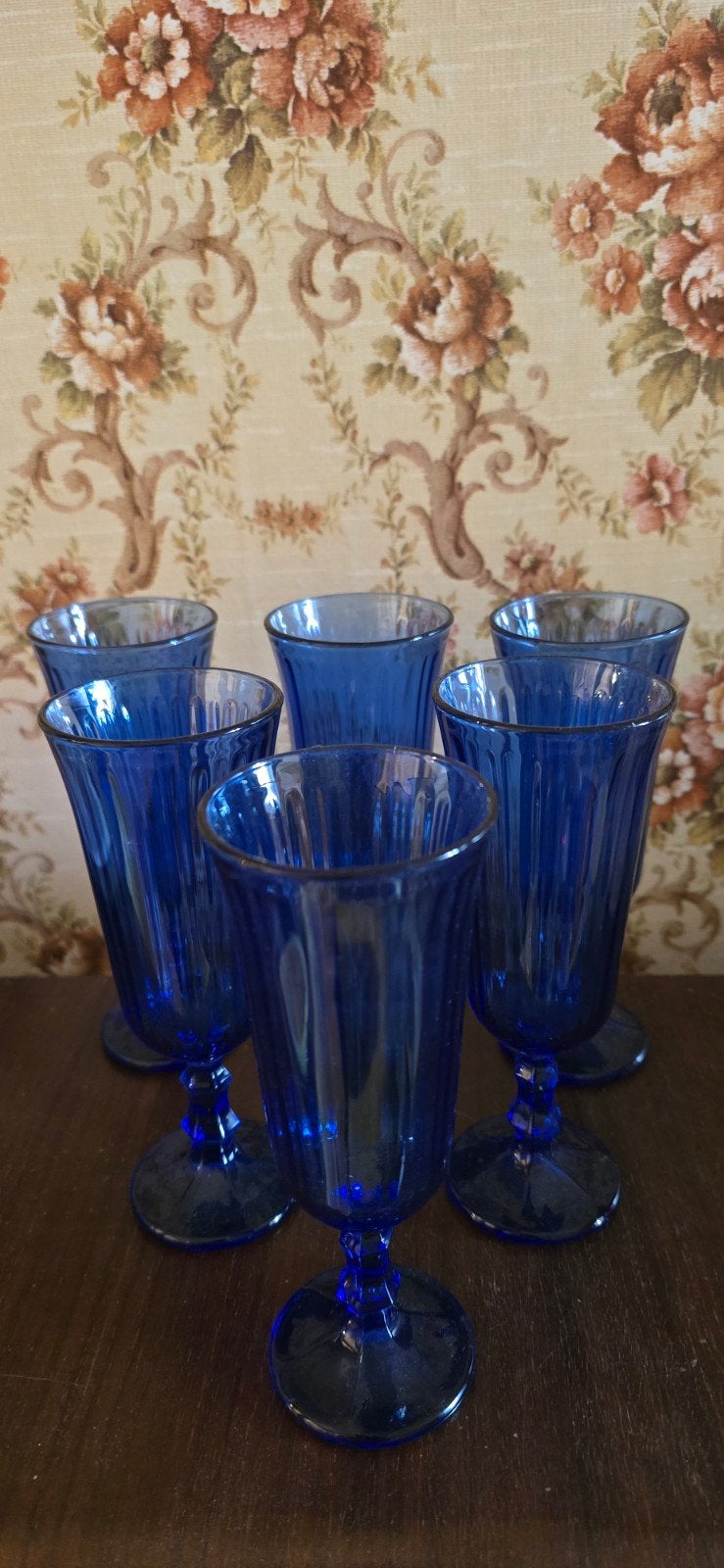 Zes oude Franse blauwe champagne glazen glas, Ophalen of Verzenden