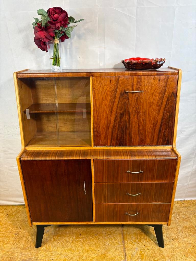 Gratis verzending!Midcentury retro teak bureau highboard1960, Gebruikt, -, Glas, -