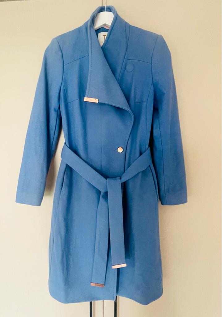 Ted Baker Blauwe Wollen Jas met Bloemenvoering, Ophalen of Verzenden, Gedragen, Maat 36 (S), Blauw