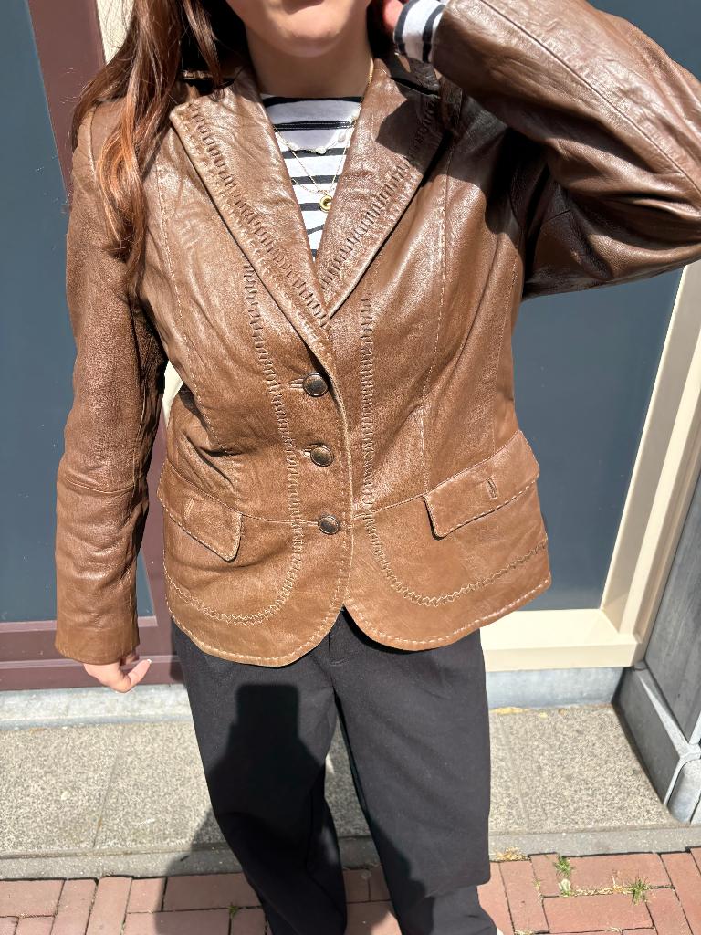 Gerry Weber Bruine Leren Blazer Dames Maat 42 / XL, Bruin, Maat 42/44 (L), Ophalen of Verzenden, Zo goed als nieuw