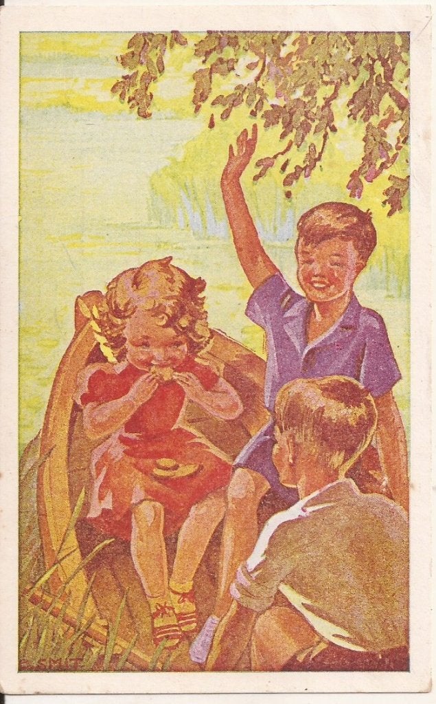 Kinderkaart, 3 kinderen in bootje 1945 Smit, Ophalen of Verzenden, 1940 tot 1960, Gelopen, Kinderen