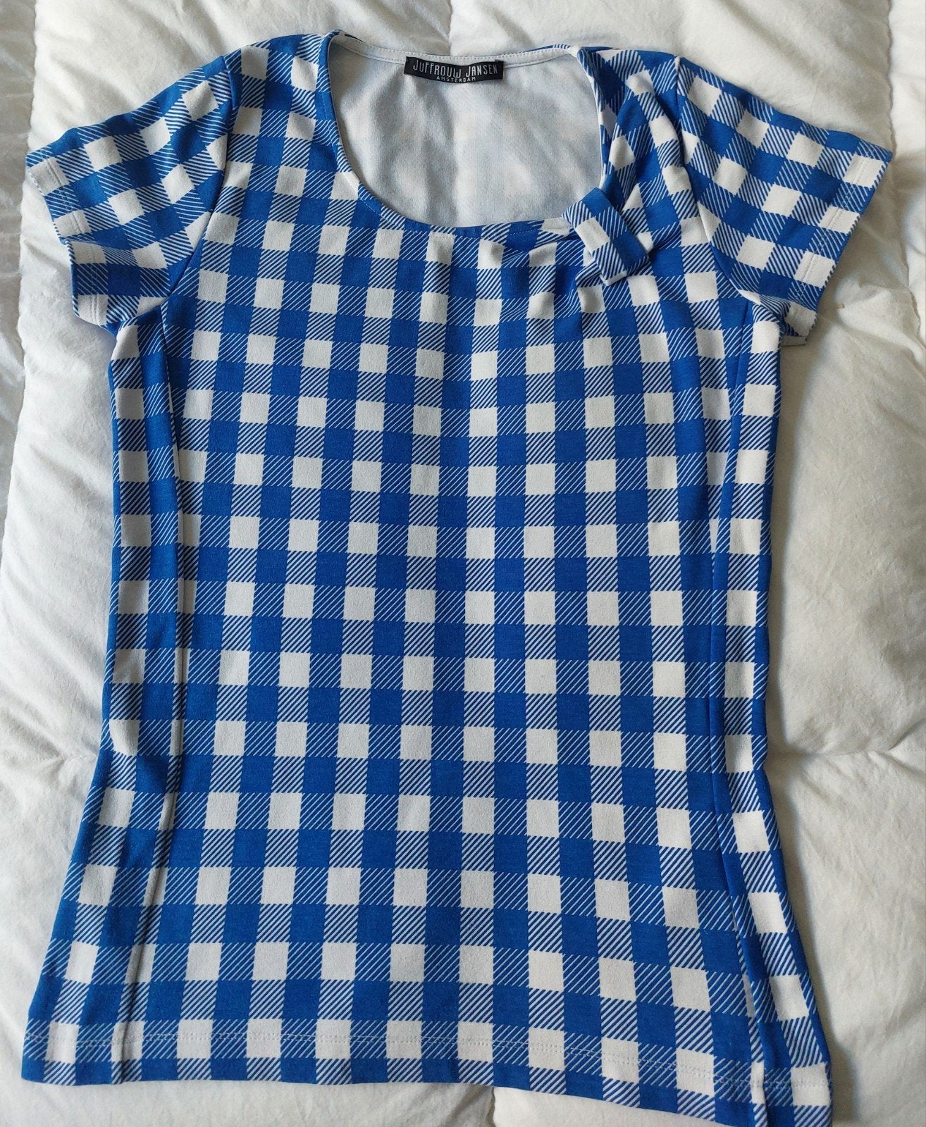 Juffrouw Jansen T-shirt blauw/wit geblokt in viscose mt S, Blauw, Ophalen of Verzenden, Zo goed als nieuw, Korte mouw