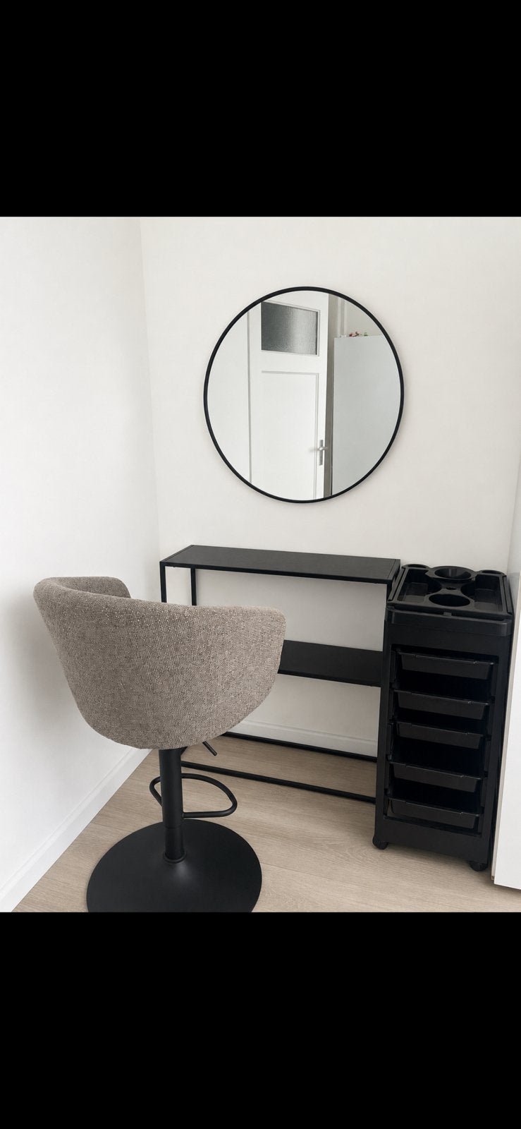 Kaptafel / Sidetable met ronde spiegel + barkruk, Ophalen, Zo goed als nieuw, 100 tot 150 cm, Minder dan 100 cm