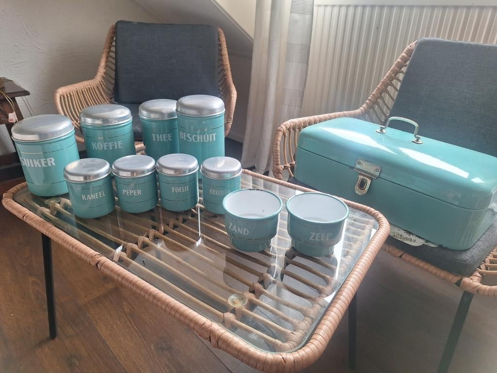 Vintage turquoise voorraadblikken en broodtrommel, Ophalen of Verzenden