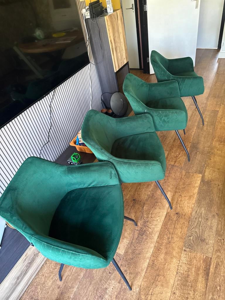 Donkergroene velvet eetkamerstoelen (4 stuks), Ophalen, Gebruikt, Overige kleuren, Vier
